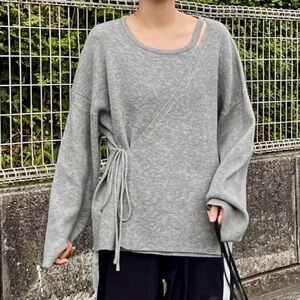 Oversized Grey Knit Sweater with Side Tie, 
Drop Shoulder